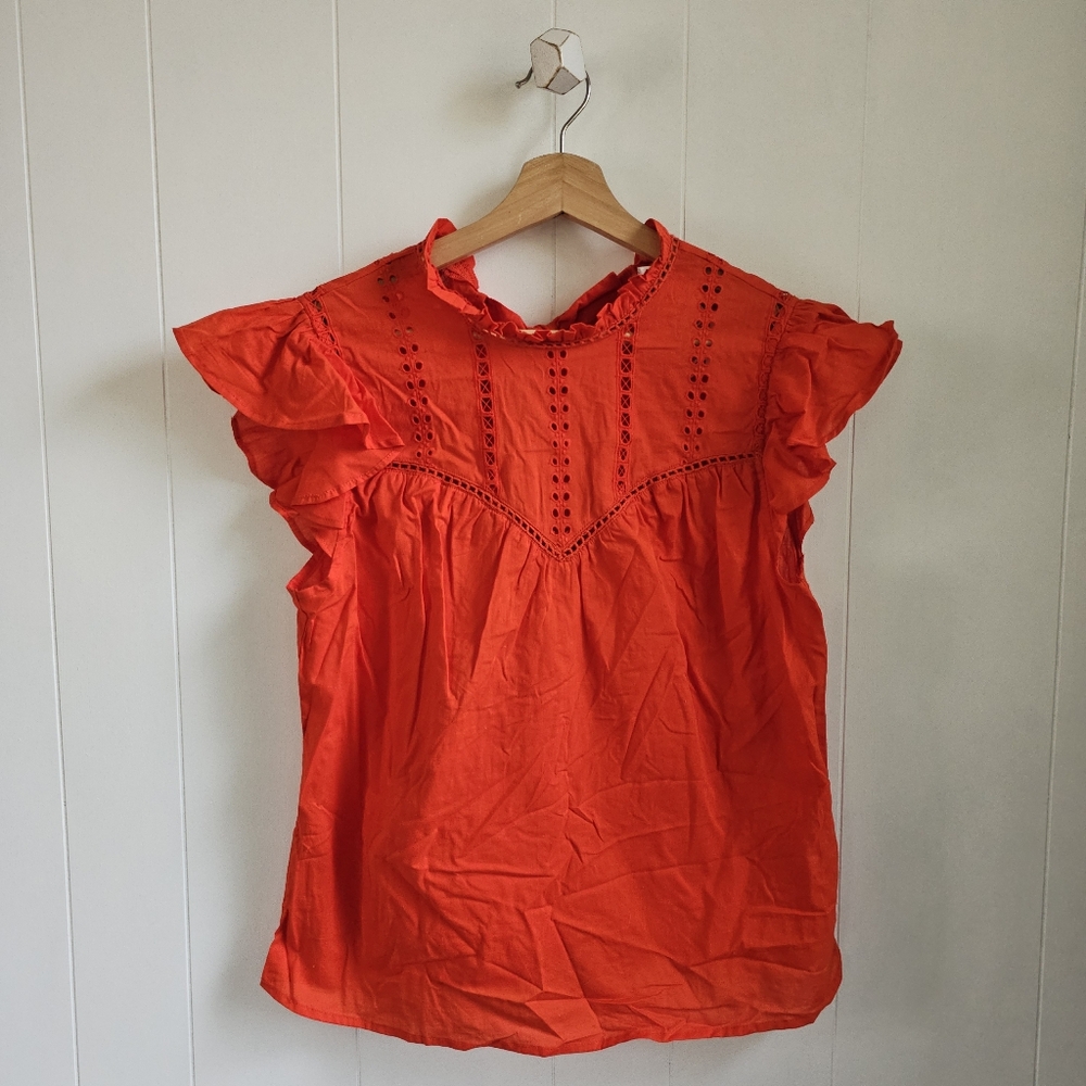 ☆ T. ROSE Red Cap Sleeve Eyelet Top